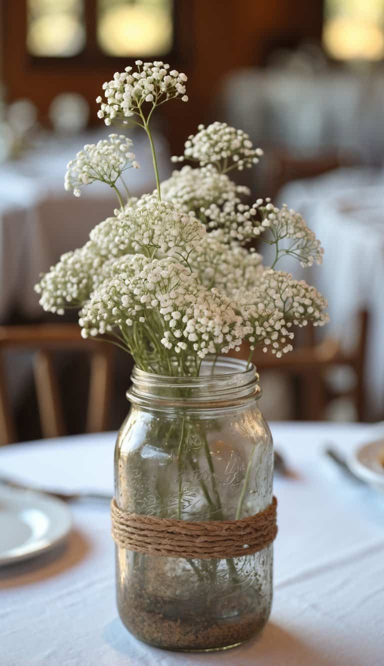Mini bouquet of baby's breath flowers in a rustic jar on a small dining table with multiple similar centerpieces in the background.