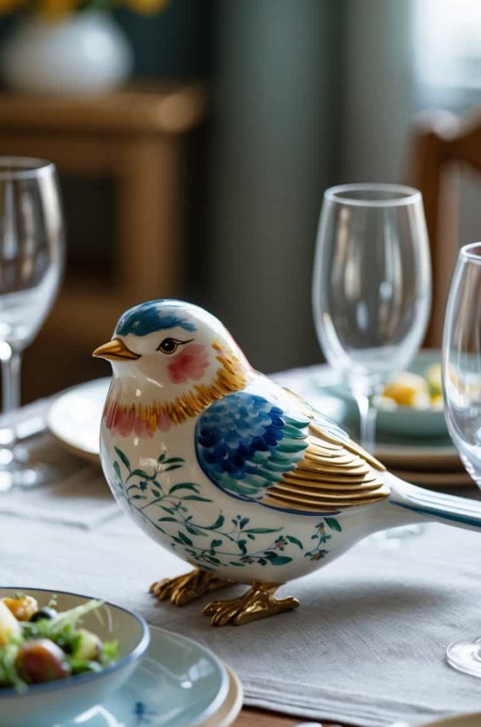 A ceramic bird figurine with blue, gold, and pink accents is placed on a dining table set with plates, salad, and empty wine glasses.