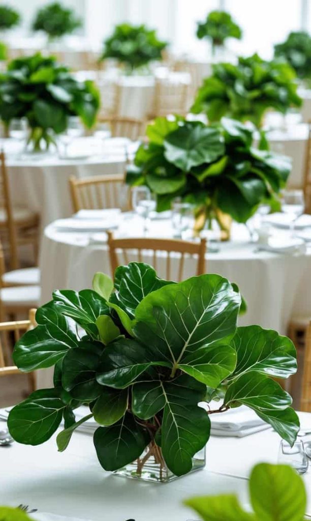 Round tables with white tablecloths are set with cutlery and plates, each featuring a large leafy green plant centerpiece. Gold chairs surround the tables.