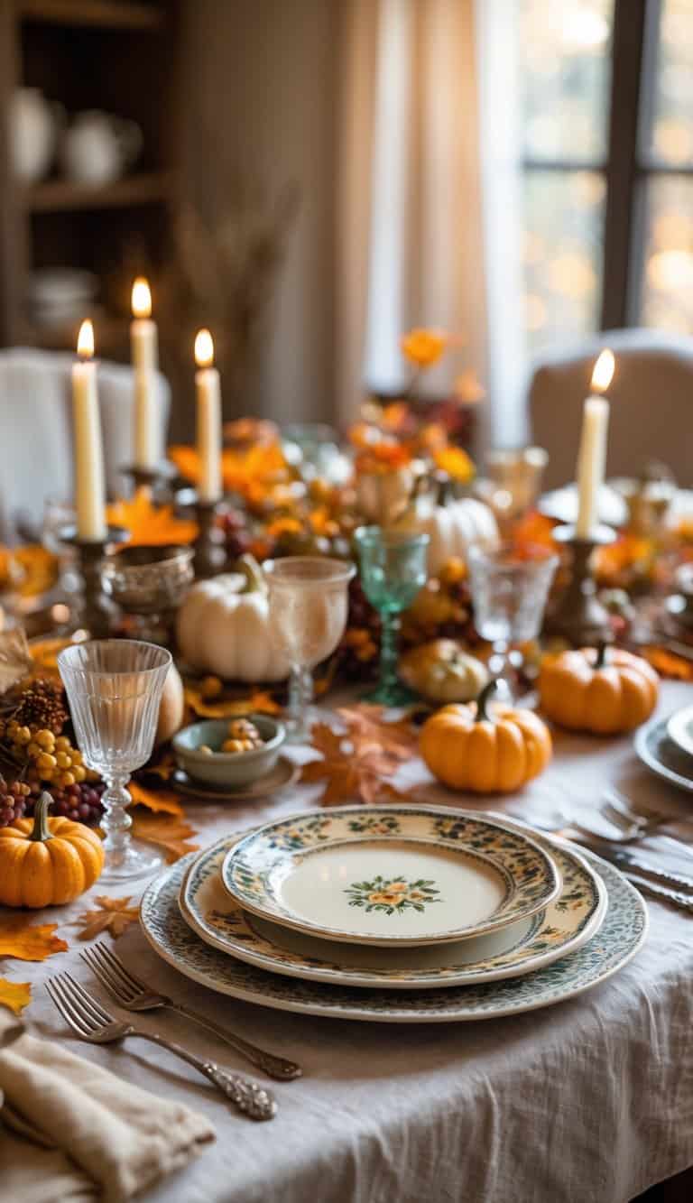A Thanksgiving table set with vintage dishes, autumn decorations, and candles in a cozy dining room.