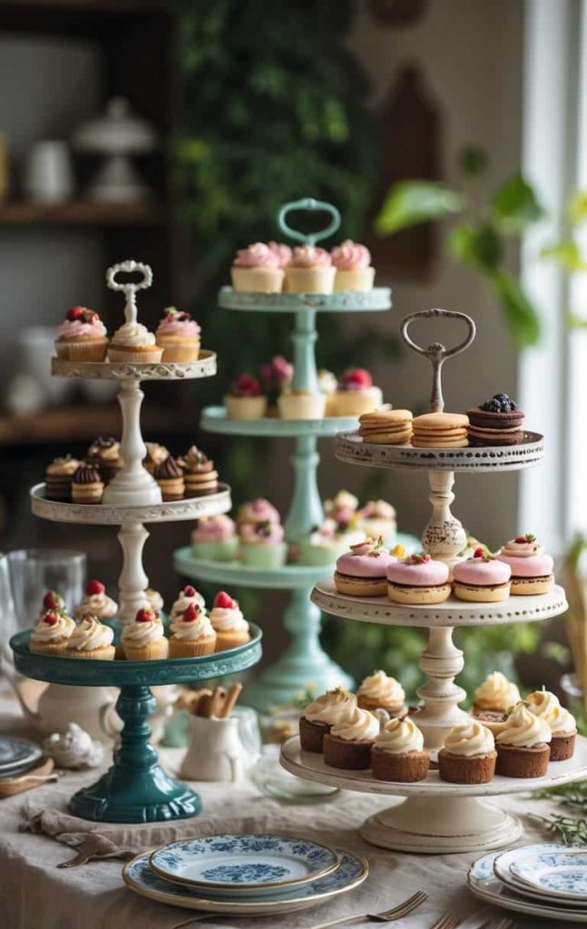 Three tiered stands display assorted cupcakes, macarons, and pastries on a table set with plates, cutlery, and decorative napkins in a bright, cozy room.