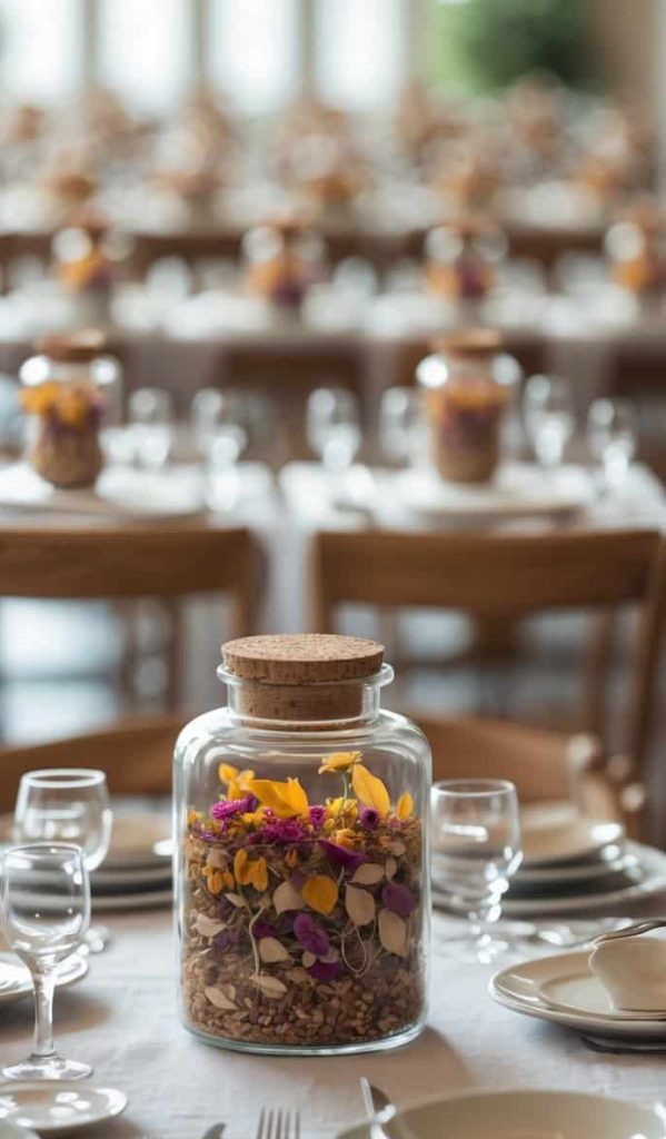 A glass jar filled with dried flowers and leaves serves as a centerpiece on a set dining table, with similar arrangements on tables in the background.