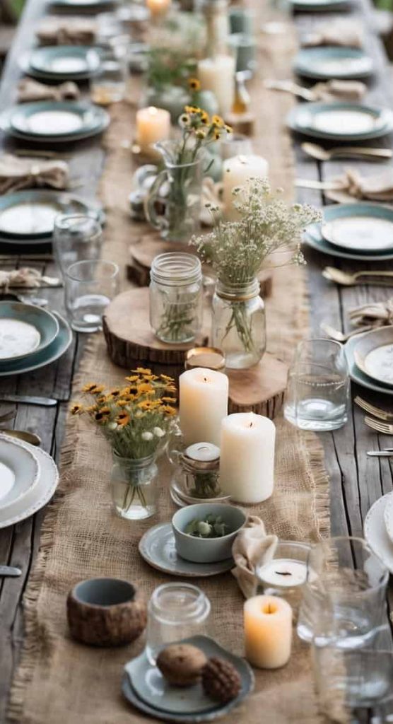 A rustic outdoor table is set for a meal with plates, glasses, candles, and wildflower centerpieces arranged on a burlap runner.