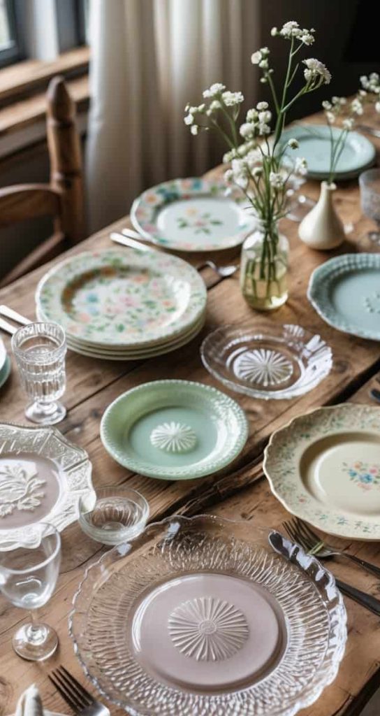 A wooden dining table set with assorted vintage plates, glassware, cutlery, and small vases with white flowers near a window.