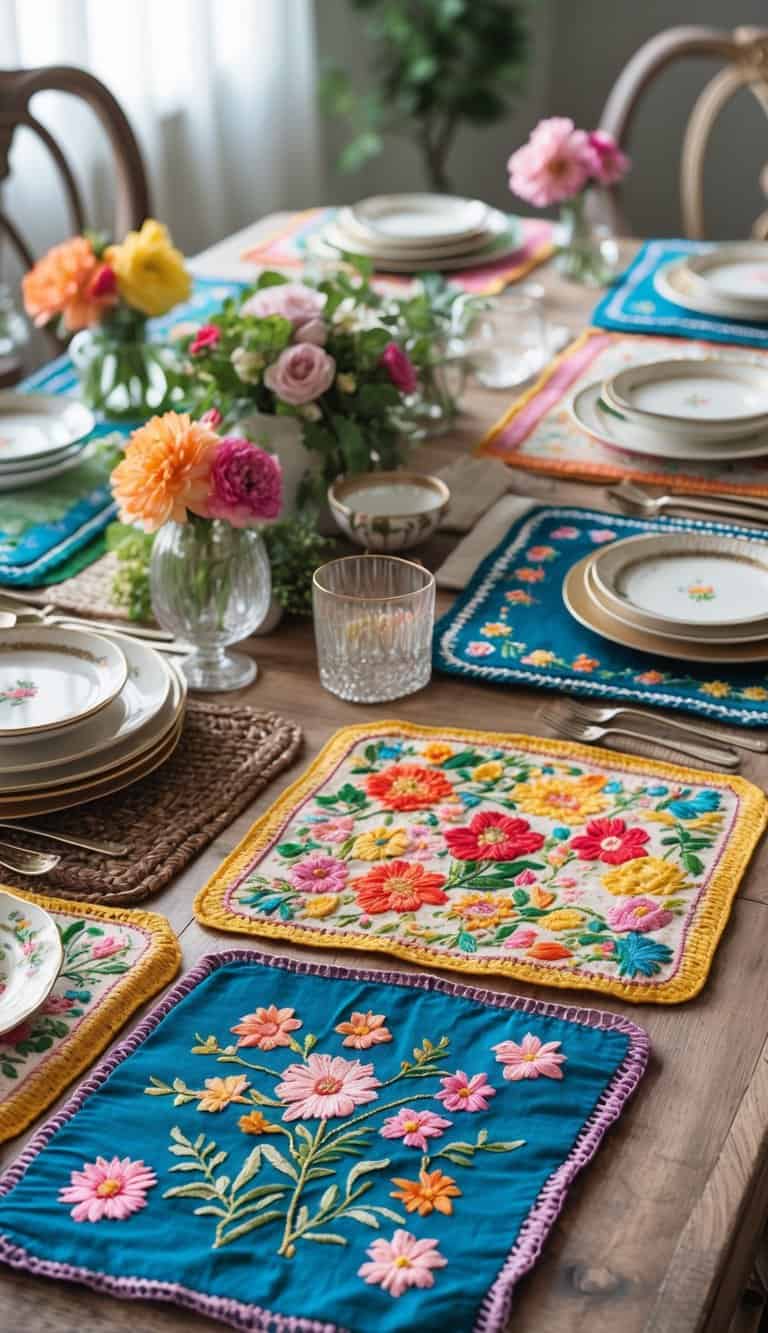 A large wooden table covered with numerous colorful floral embroidered placemats arranged with plates, glasses, silverware, and small flower vases.
