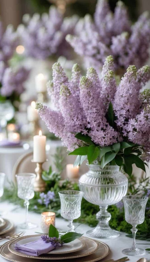 Elegant table setting with crystal glassware, white plates, and large vases of purple lilacs, surrounded by lit candles and greenery.