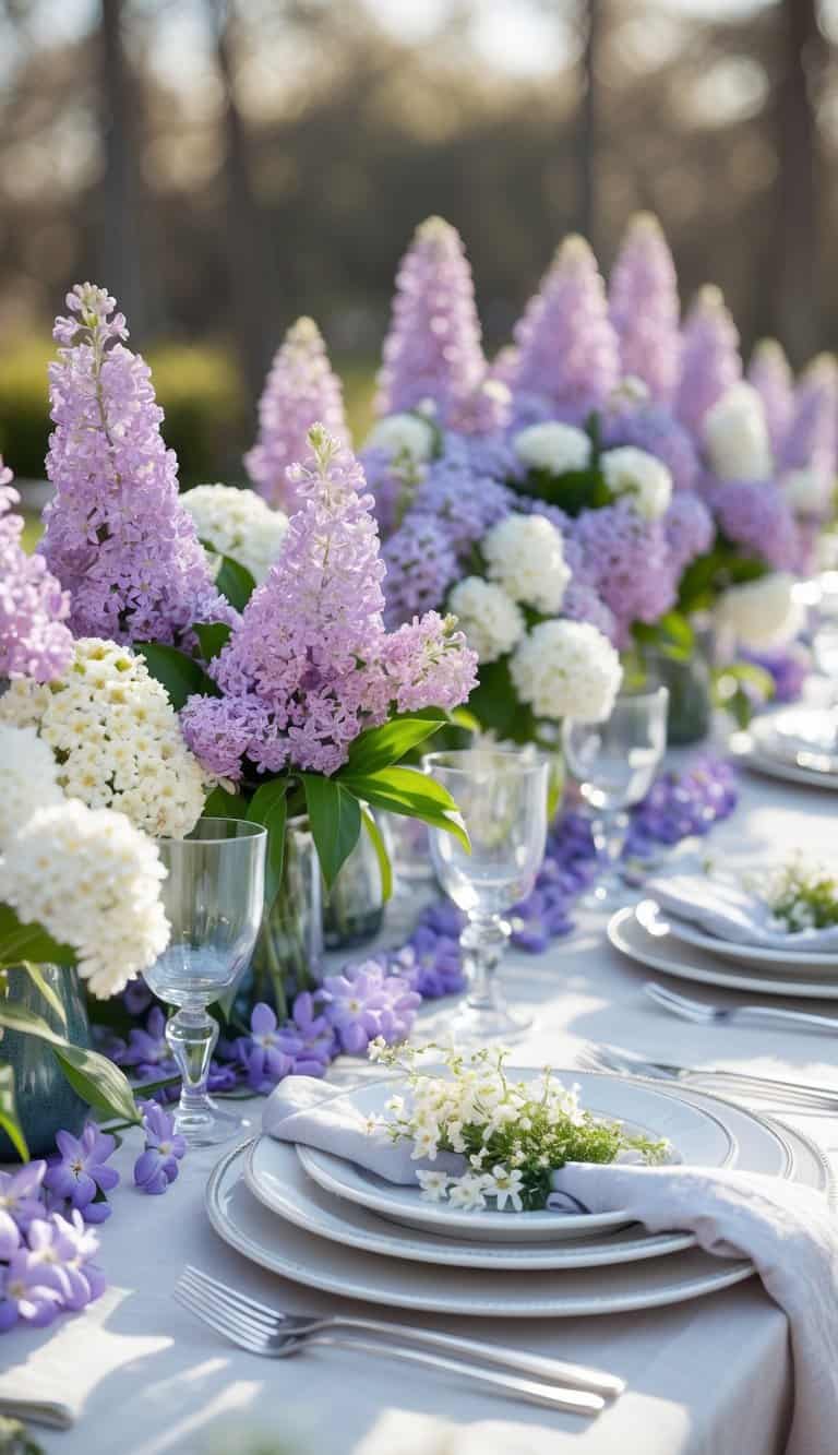 A dining table decorated with lilac and white flower centerpieces, set with plates, glasses, and cutlery.