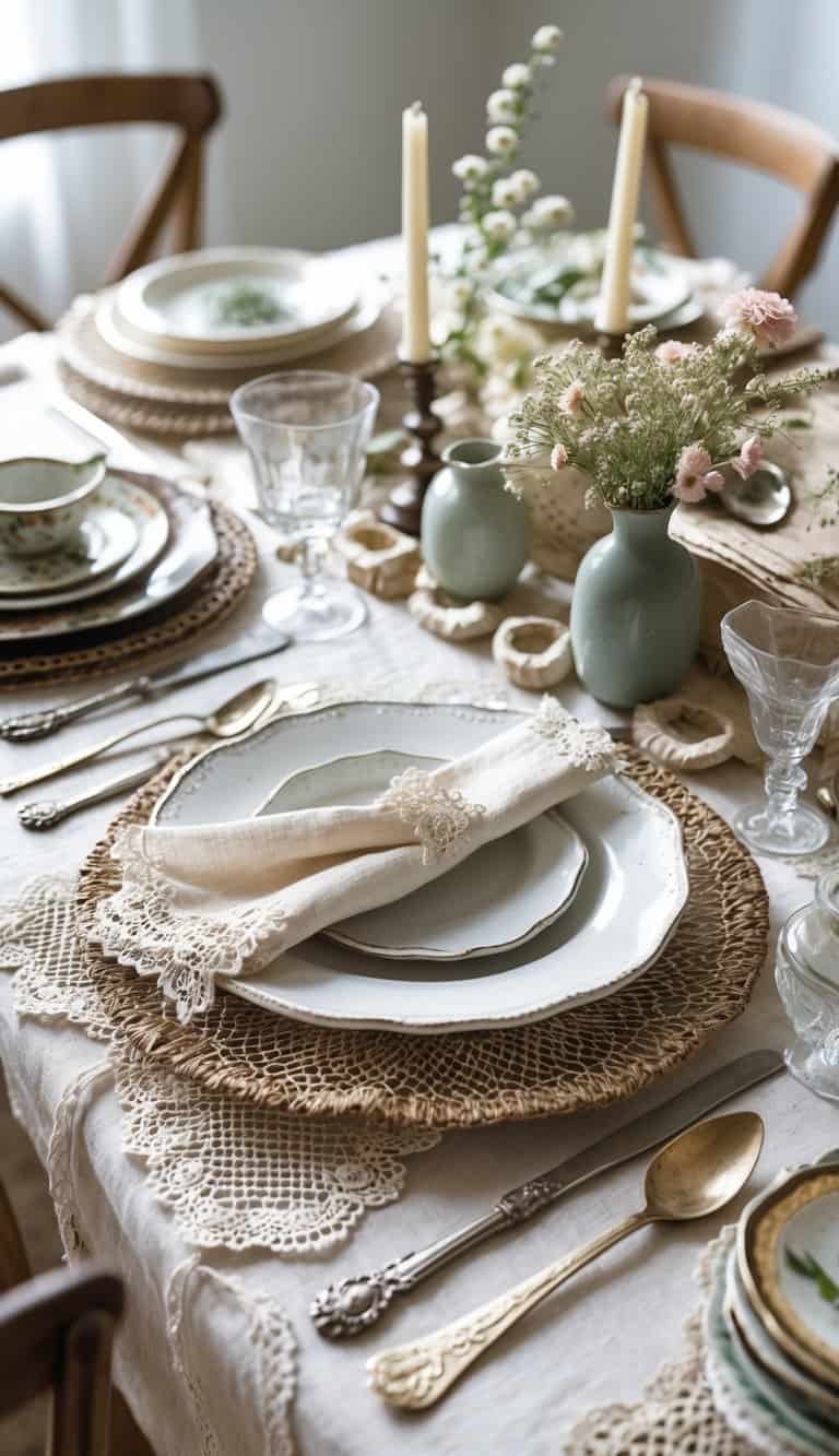 A table set with linen and lace placemats, plates, silverware, glassware, and small flower arrangements.