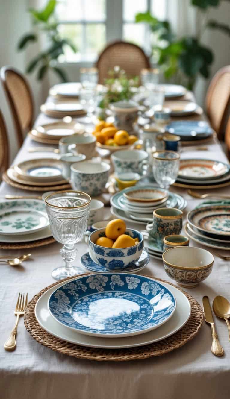 A dining table arranged with a variety of vintage plates, bowls, cups, and cutlery in different styles and colors.