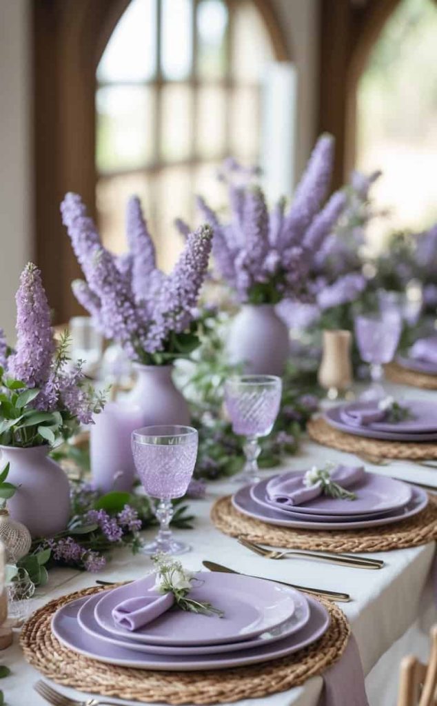 A dining table set with lavender plates, napkins, and glassware, decorated with lilac flower arrangements in vases and woven placemats, by sunlit windows.