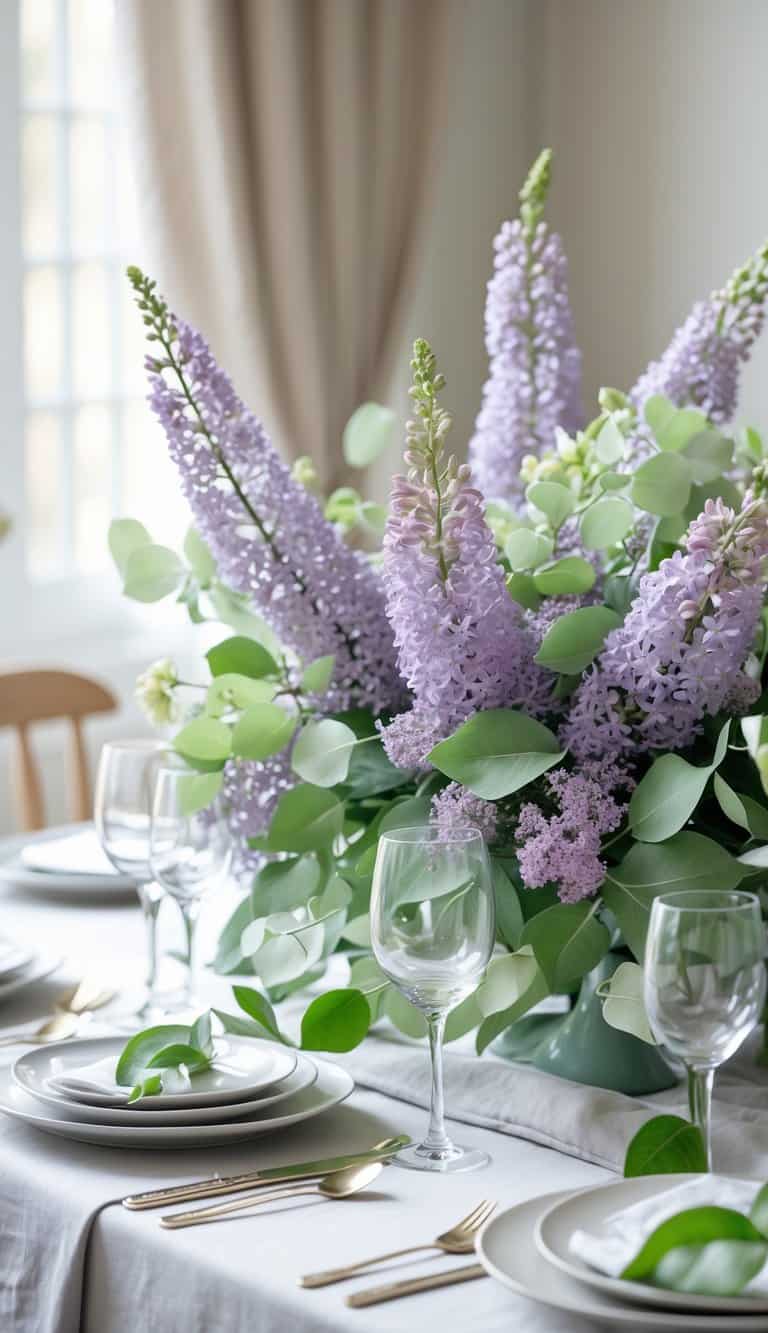 A table set with lilac flowers and pale green leaves arranged as a centerpiece, surrounded by plates and glassware.