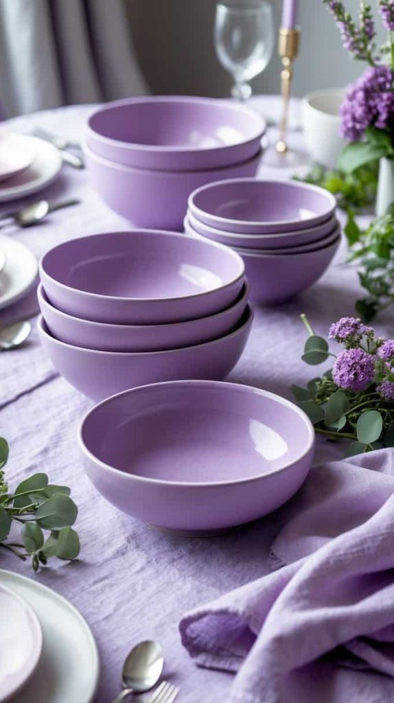 Stacks of lavender-colored bowls are arranged on a purple tablecloth, surrounded by plates, cutlery, glassware, and lilac flower arrangements.