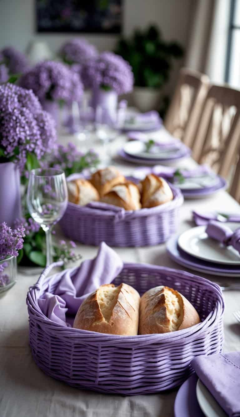 A dining table set with lilac-colored tableware and woven baskets filled with bread, decorated with lilac floral centerpieces.