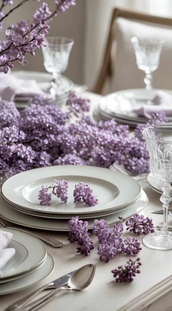 A dining table set with white plates, crystal glasses, silverware, and decorated with lilac flowers and napkins, creating an elegant, floral-themed arrangement.