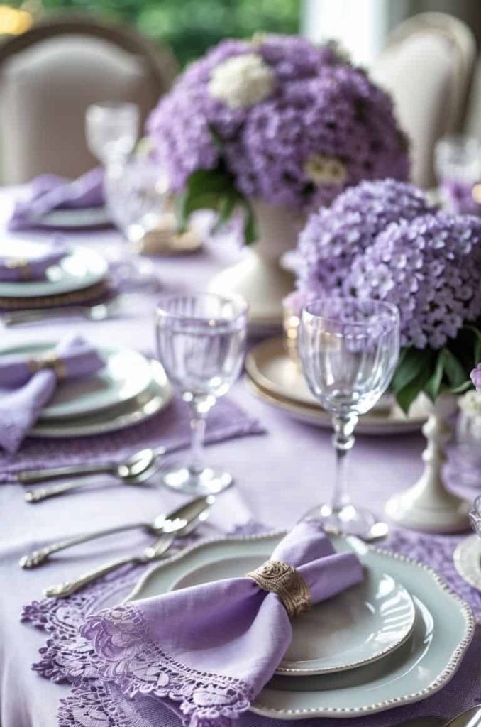 A formal dining table set with white plates, silver cutlery, crystal glasses, and lavender napkins, featuring lilac flower centerpieces on a lavender tablecloth.