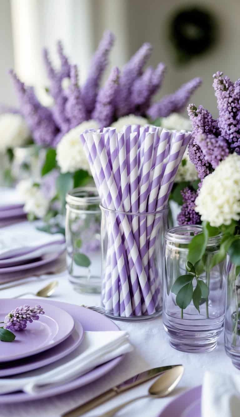 A table set with lilac and white striped paper straws, lilac plates, white napkins, and floral arrangements in lilac and white.