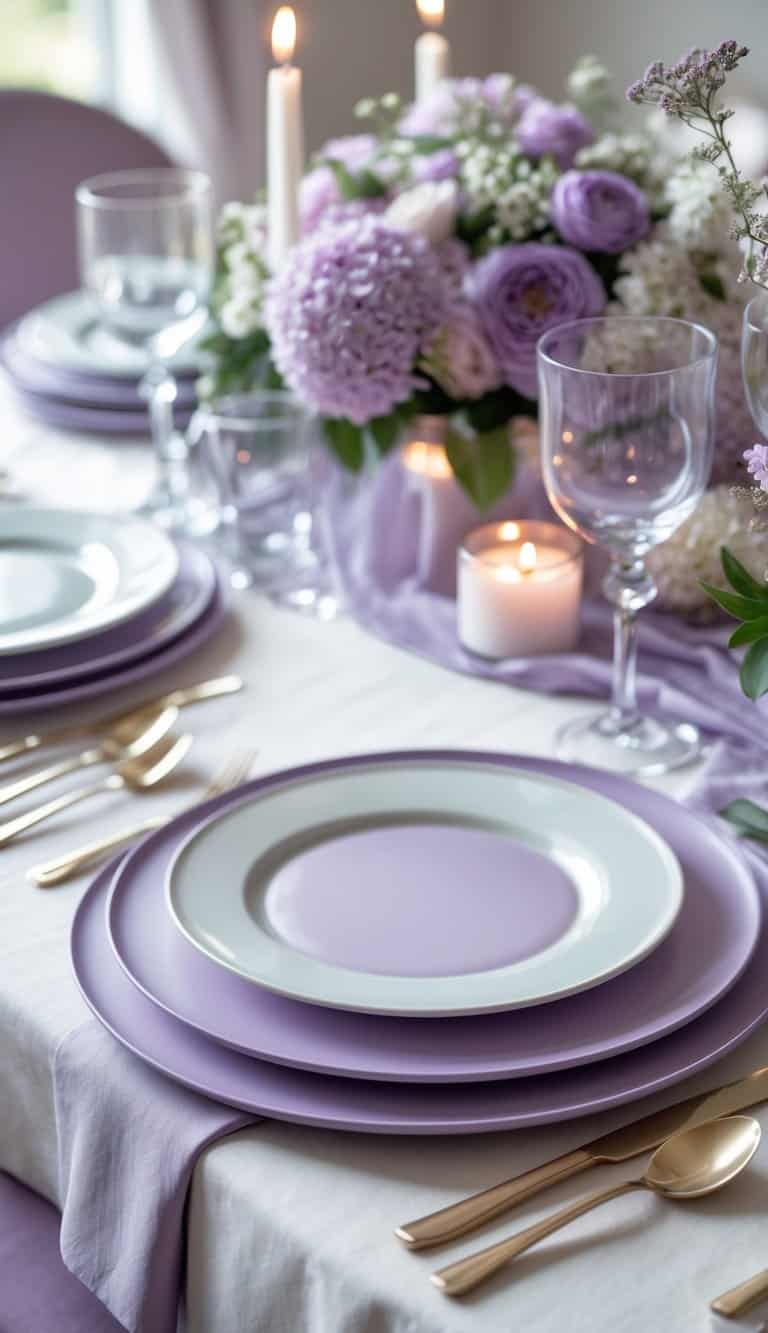 A dining table set with lilac-colored chargers under white dinner plates, accompanied by floral decorations and glassware.