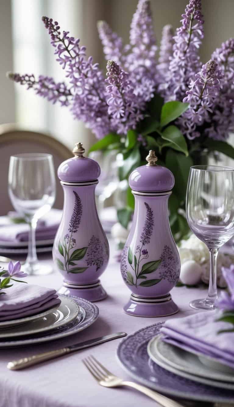 A dining table set with lilac-themed salt and pepper shakers, lilac tableware, fresh lilac flowers, and greenery.