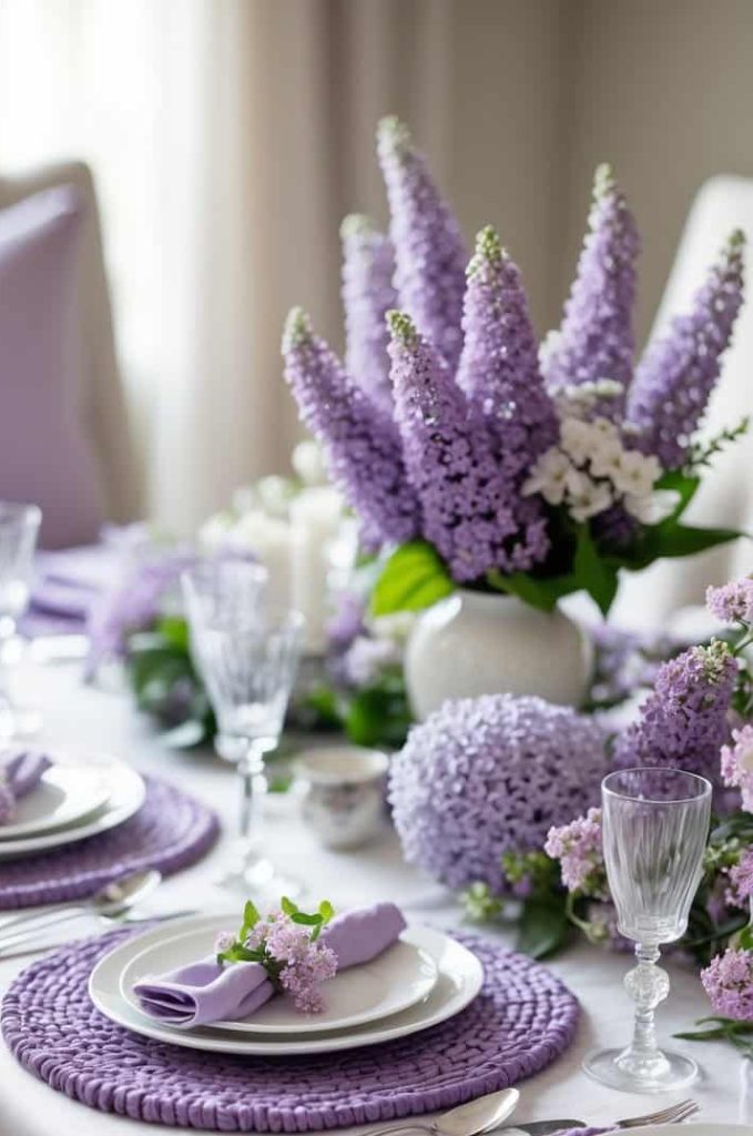 A dining table set with lilac-themed decor, including purple placemats, lilac napkins, and a large vase of lilac flowers as the centerpiece.