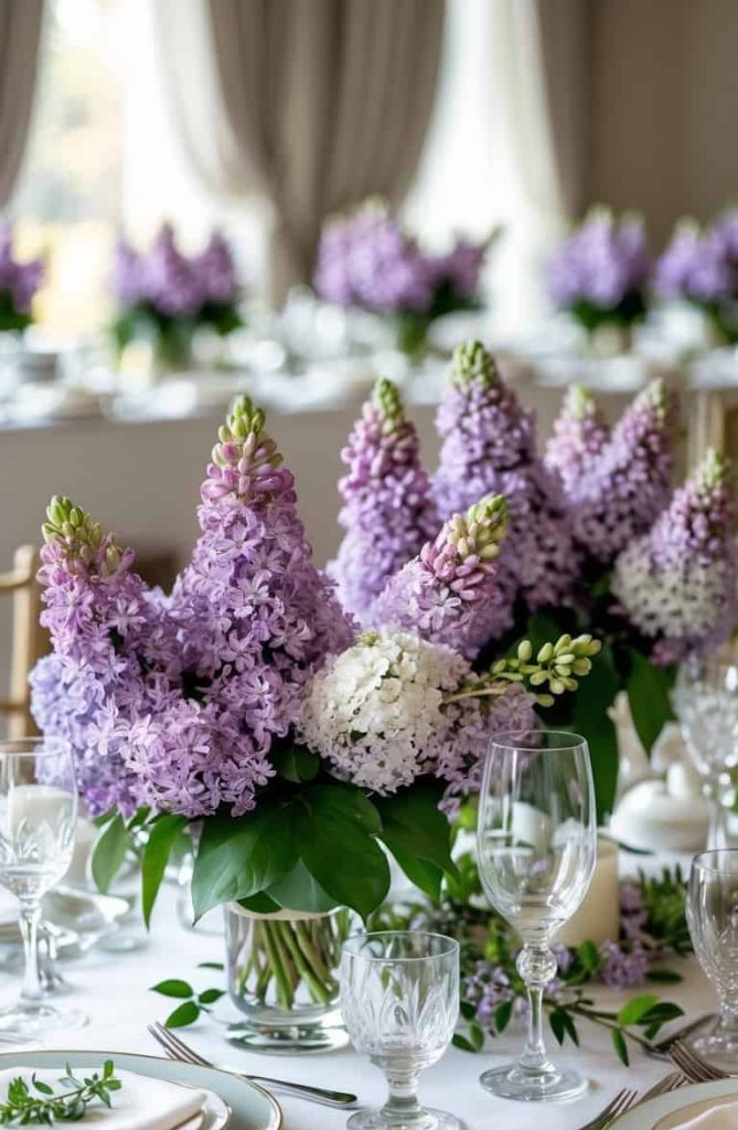 A formal dining table set with glassware, plates, and cutlery, featuring centerpieces of purple and white lilacs in vases.