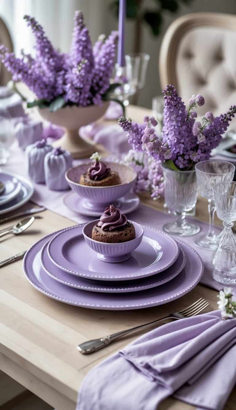 A table set with lilac ceramic dessert plates, matching napkins, glassware, and floral accents in soft purple hues.