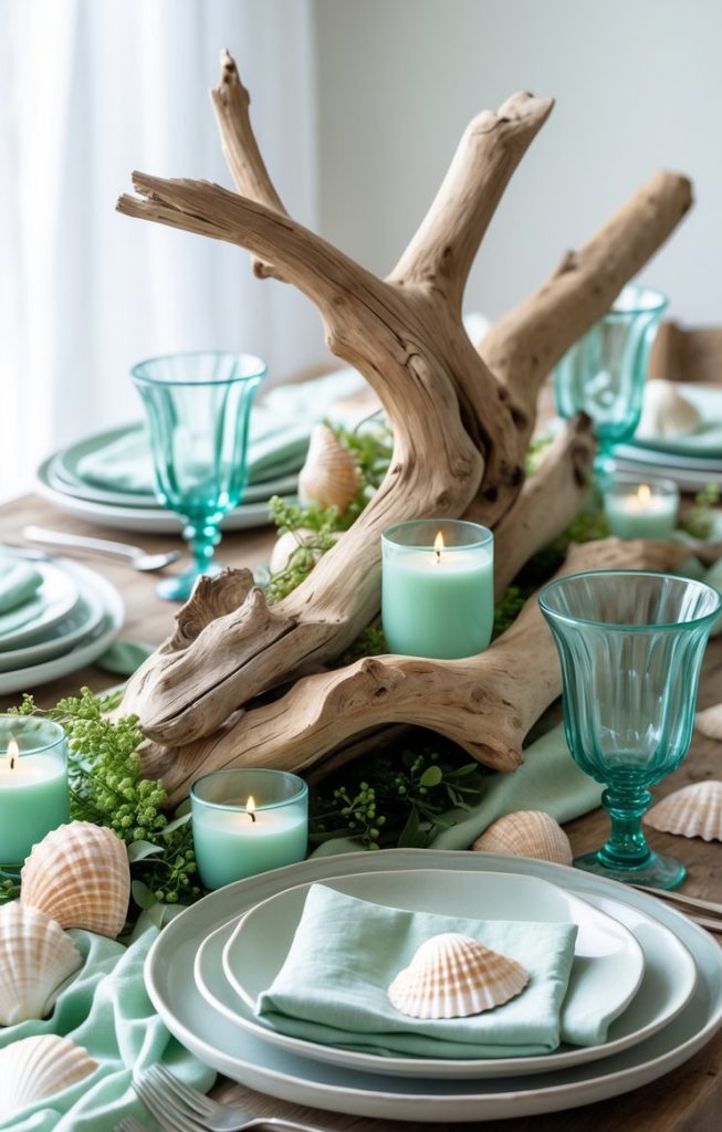 A wooden table set with green glassware, teal plates, seafoam napkins, candles, seashells, greenery, and driftwood as a centerpiece.