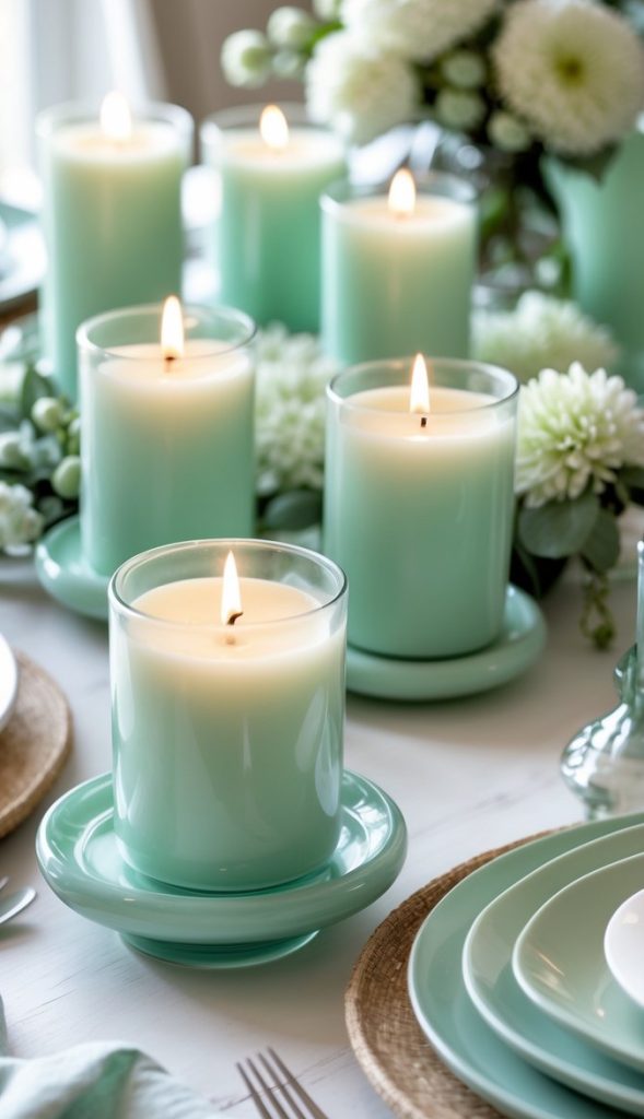 A dining table set with green plates and napkins features several lit light green candles and white floral arrangements as the centerpiece.