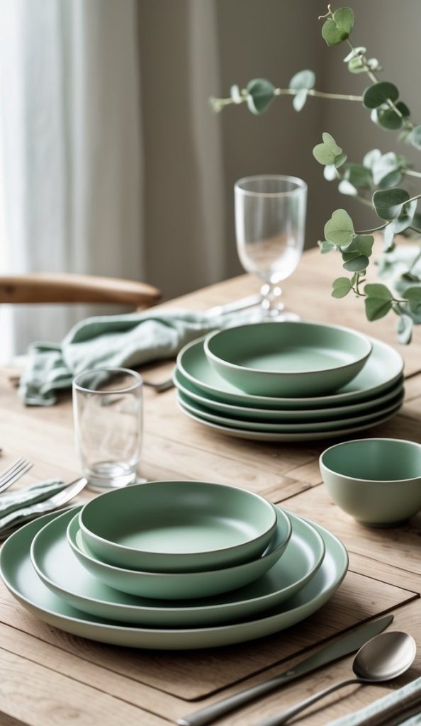 A wooden dining table set with stacked green plates, bowls, cutlery, glasses, and a green napkin, with a vase of greenery as decoration.