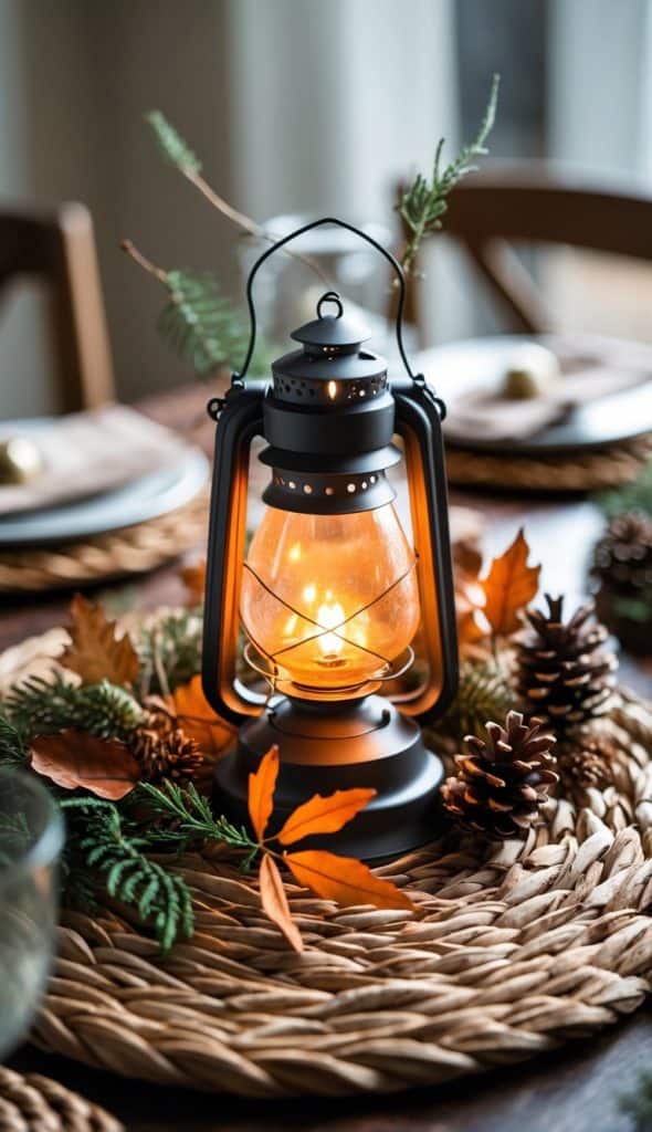 A lit lantern sits on a woven placemat, surrounded by pinecones, leaves, and greenery on a dining table set for a meal.
