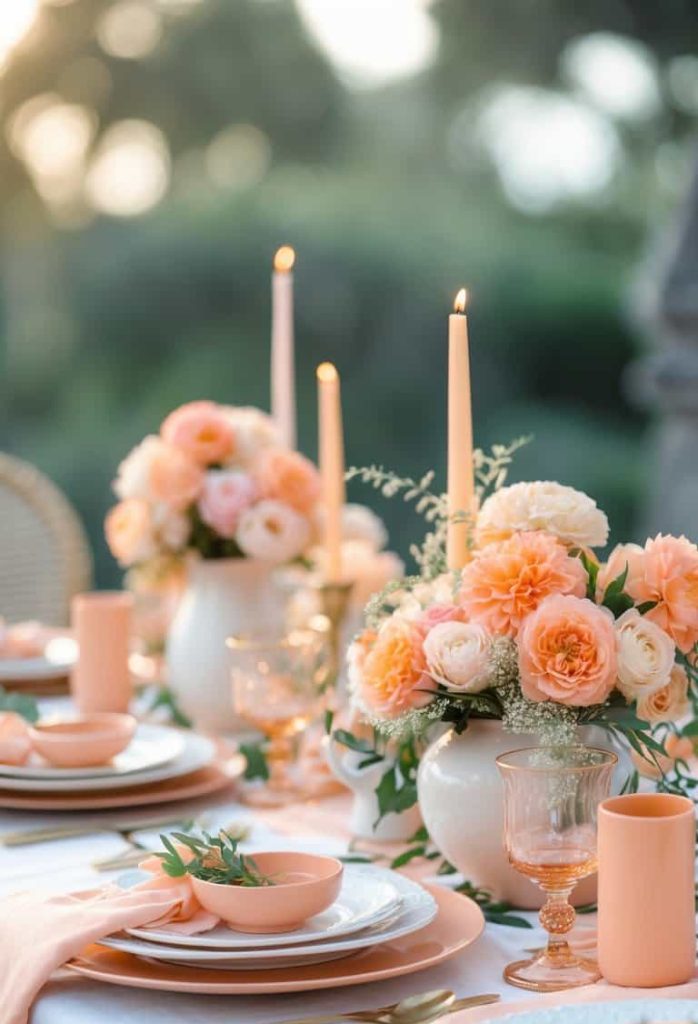 A table set for a formal event with peach and white floral centerpieces, peach-colored tableware, and lit taper candles on a white tablecloth.