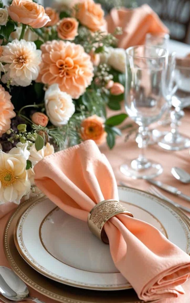 Elegant table setting with peach-colored napkin in a gold ring, white and gold-rimmed plates, silver cutlery, glassware, and a floral centerpiece with peach and white flowers.
