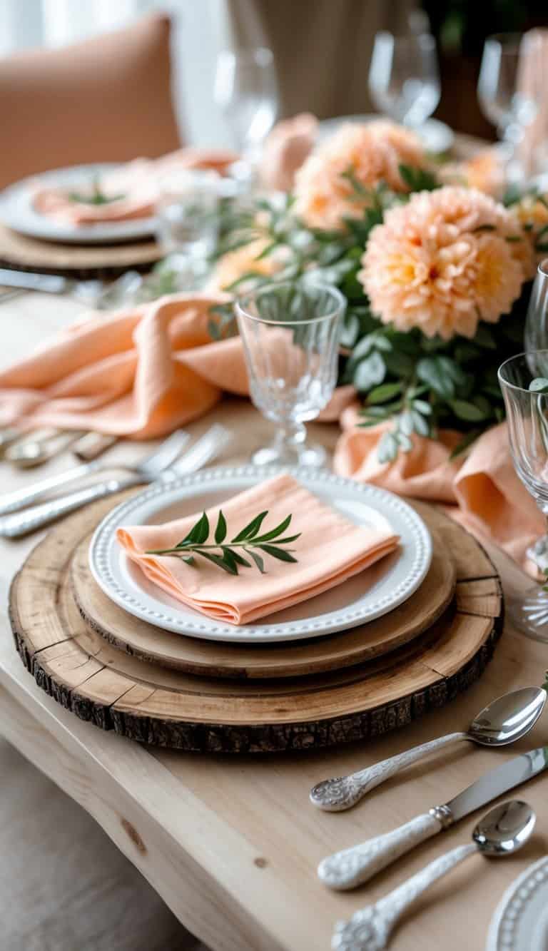 A dining table set with wooden chargers under white plates, peach-colored decorations, and greenery accents.