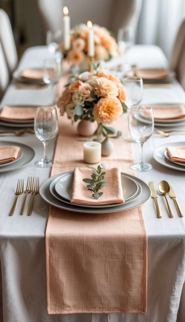 A table set with peach-colored textured table runners, dinnerware, glassware, floral centerpieces, and candles.