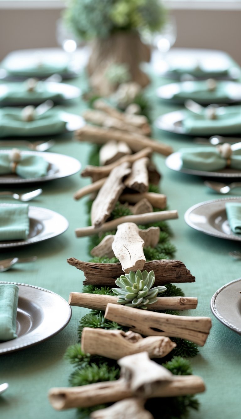 A table centerpiece with small driftwood pieces arranged along the center on a seafoam green table setting.