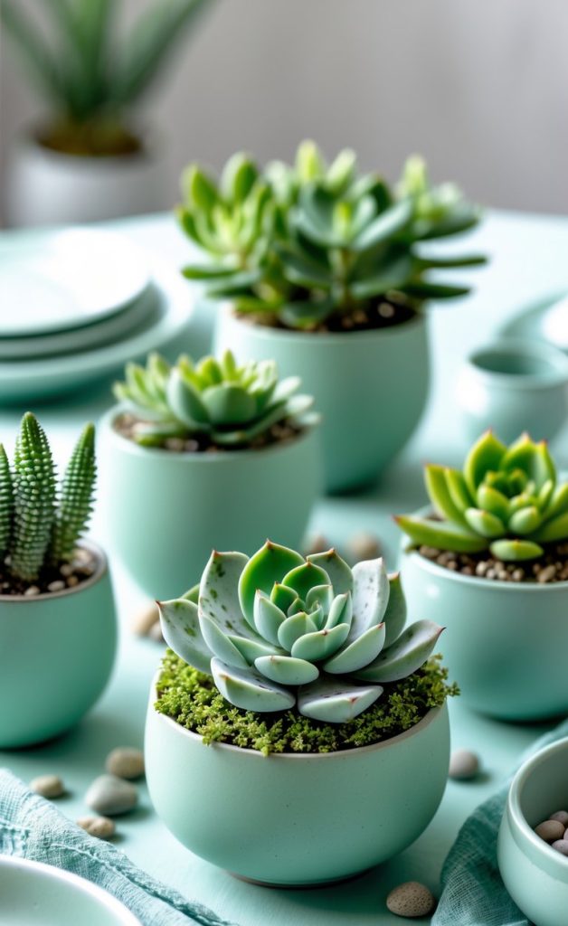 Several potted succulents in light green containers are arranged on a table with pebbles and stacked plates in the background.