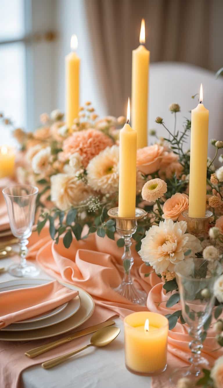 A table set with peach-colored linens, soft yellow candles, and peach and cream floral arrangements.