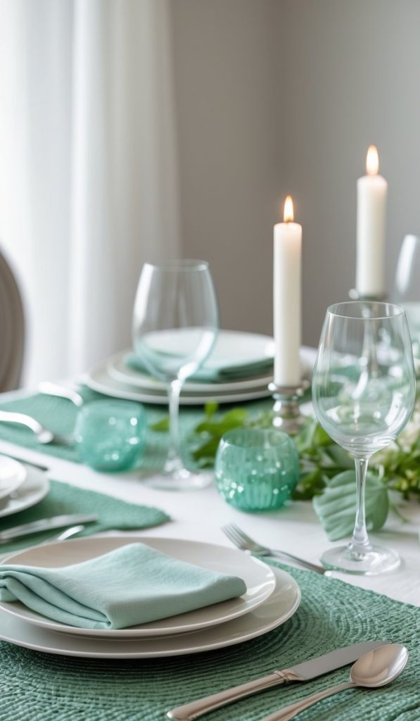 A dining table set with white plates, silver cutlery, light green napkins, glassware, green placemats, and two lit candles in holders.