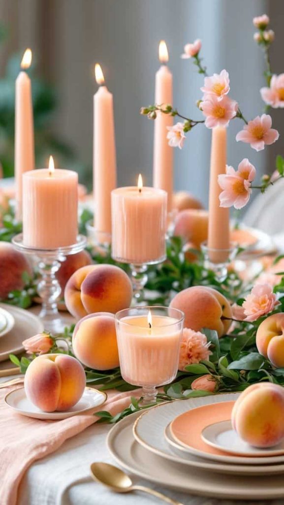 A table is set with peach-colored candles, fresh peaches, plates, and pink floral arrangements, creating an elegant, coordinated centerpiece for a meal.