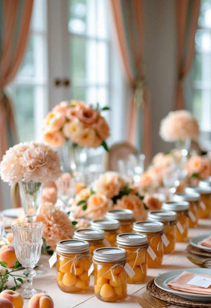 A decorated dining table with jars of preserved peaches, peach-colored flowers, plates, and glasses arranged neatly in a bright room with large windows.