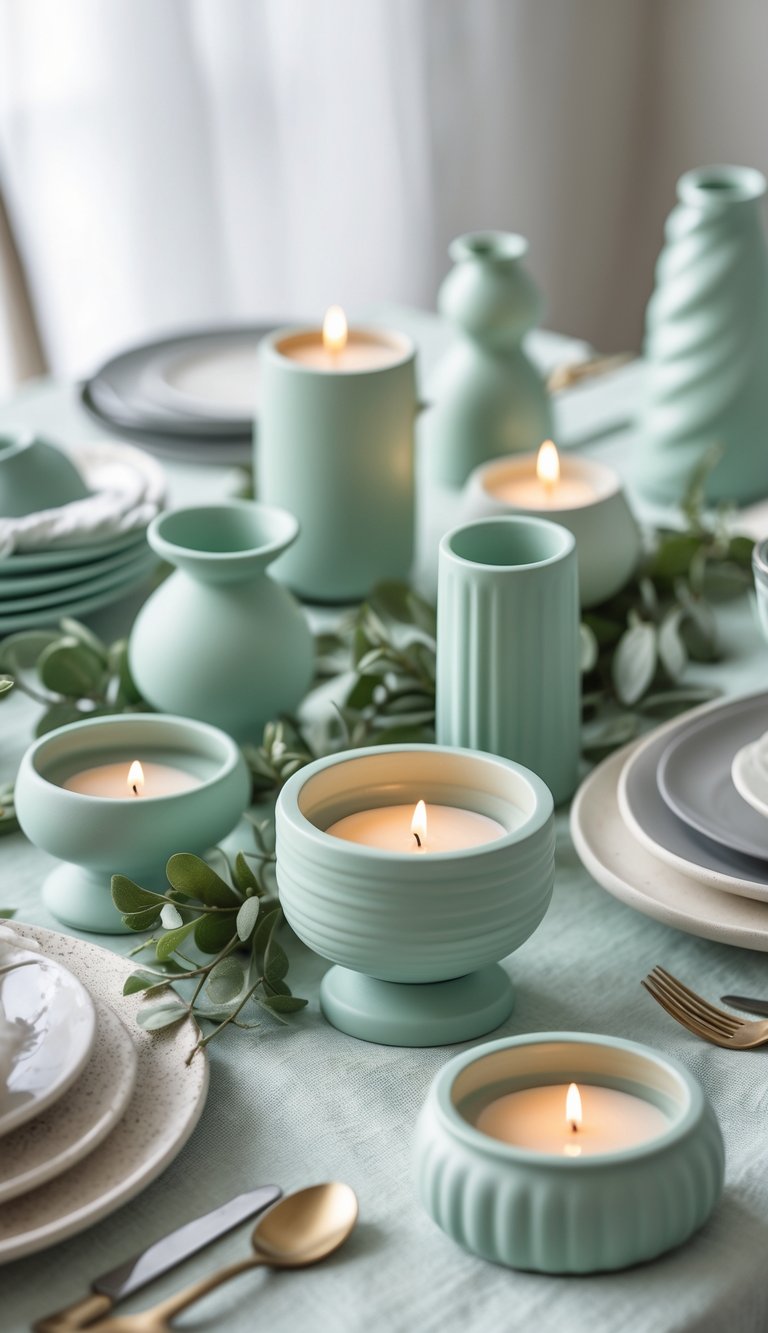 A table arranged with multiple seafoam colored ceramic tea light holders surrounded by complementary tableware and greenery.