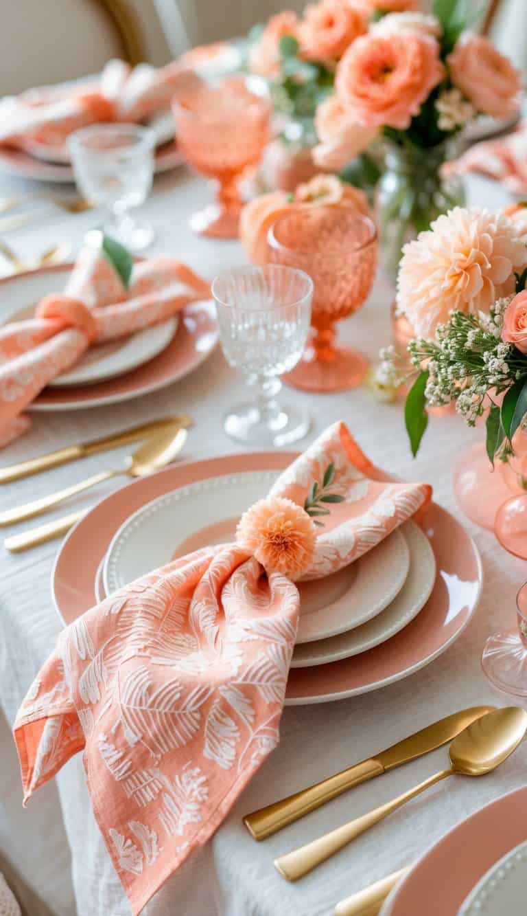 A dining table set with peach and coral patterned cloth napkins, plates, glassware, and floral centerpieces.