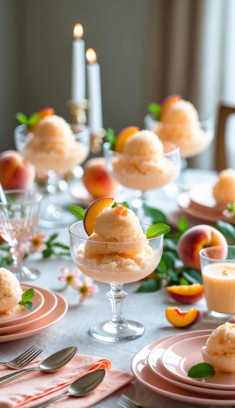 A table set with peach sorbet desserts in glass bowls, surrounded by peach-colored table linens and decorative peach-themed items.