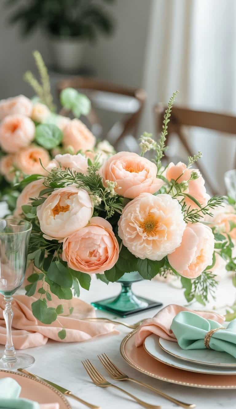 A table set with peach and mint floral arrangements and matching tableware, creating a fresh and elegant dining scene.