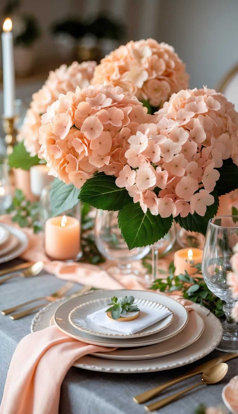 A dining table set with peach blush hydrangea centerpieces and matching peach-colored table linens and tableware.