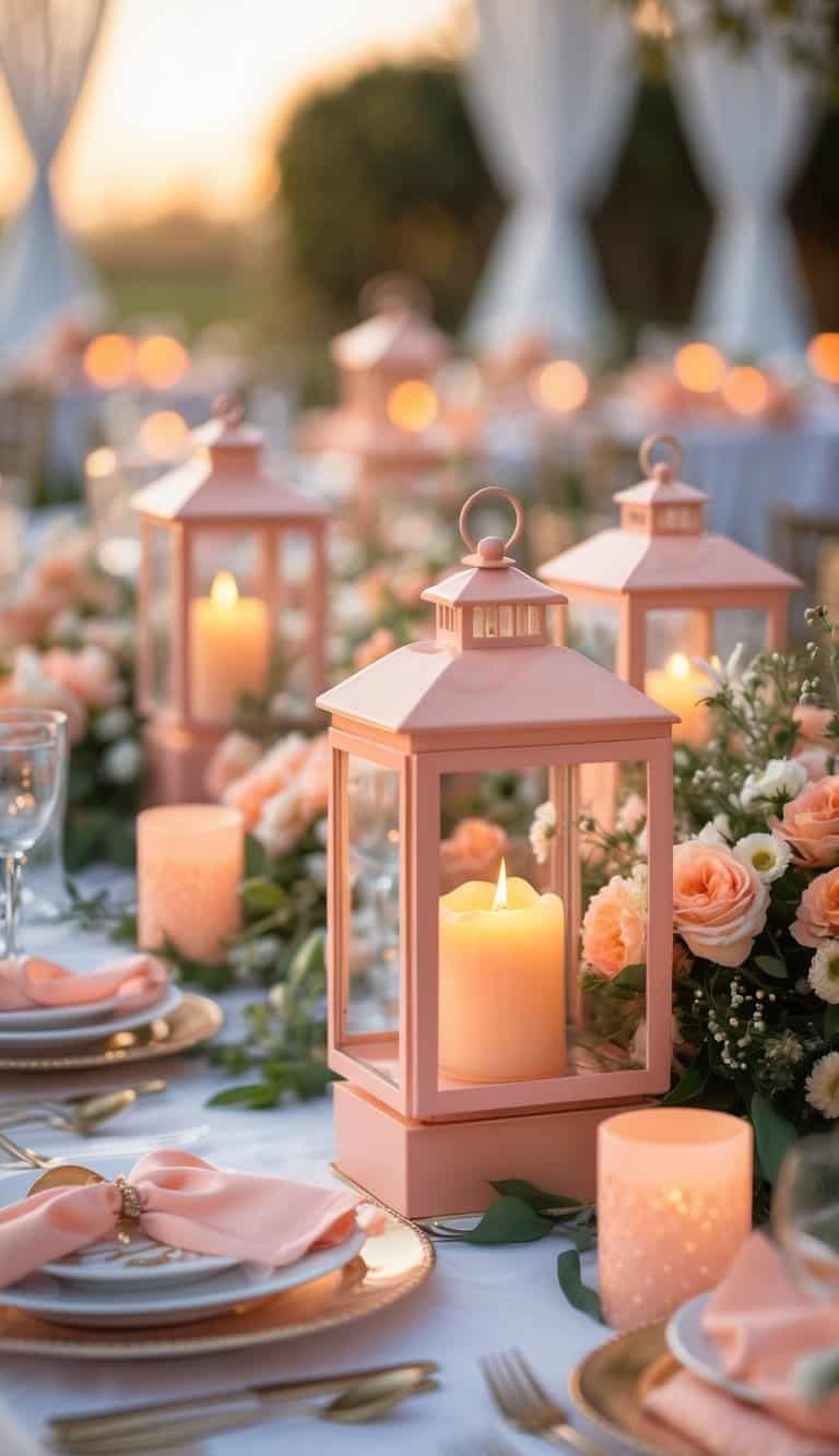 A table set outdoors with peach glass candle lanterns and matching peach-colored table decorations.