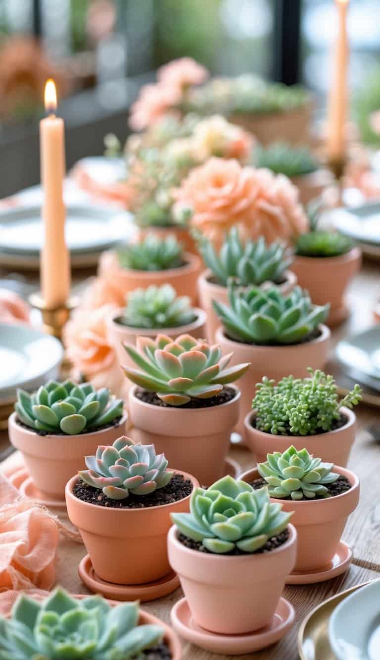 A table set with many small pots of peach-colored succulents arranged among peach-toned decorative items.