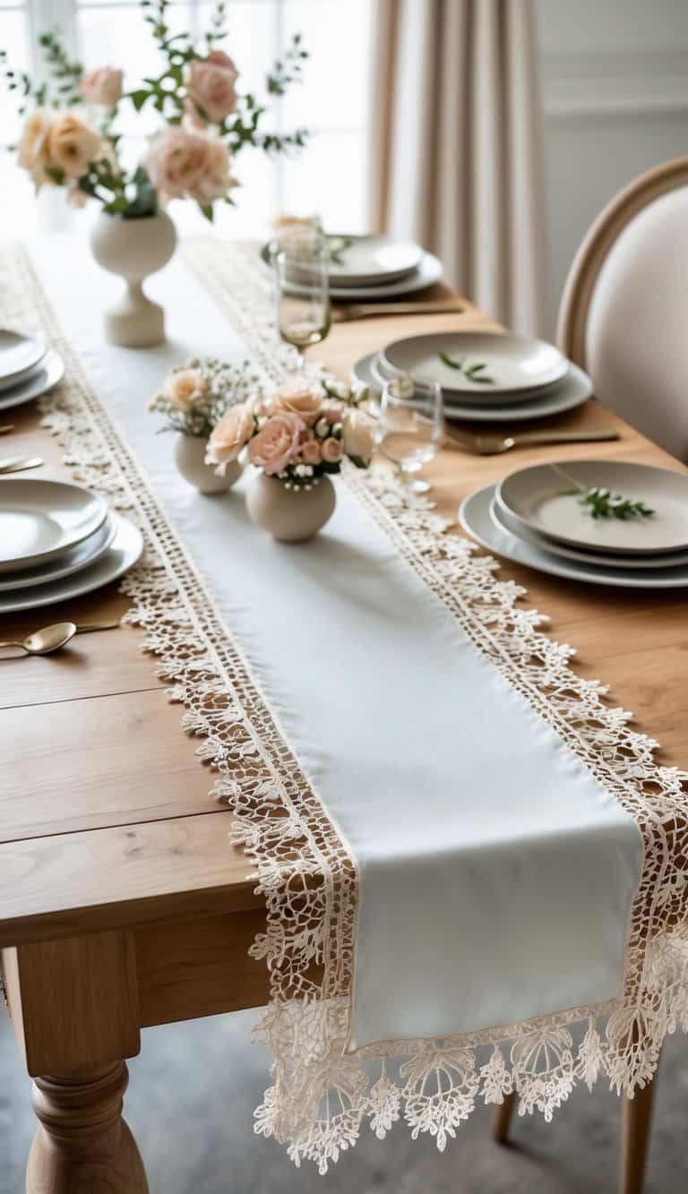 A dining table with a table runner bordered by delicate lace fringe, set with plates, glassware, and floral arrangements.