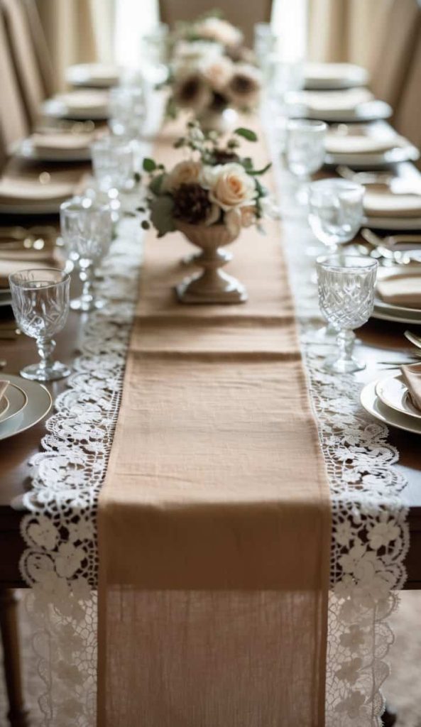 A formal dining table set with plates, glasses, and napkins, featuring a lace and beige table runner, and floral centerpieces.