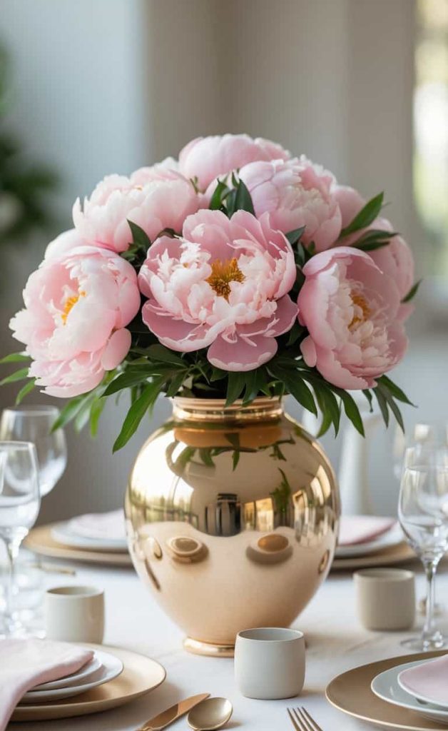 A gold vase with large pink peonies is placed on a set dining table with white plates, gold chargers, glassware, and napkins.