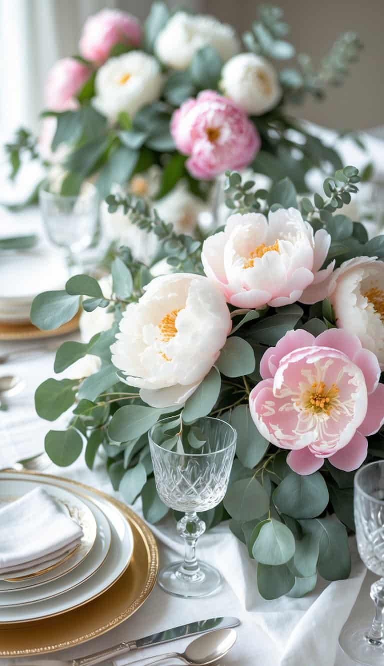 A table set with a centerpiece of pink and white peonies mixed with eucalyptus leaves, surrounded by plates, glasses, and silverware.